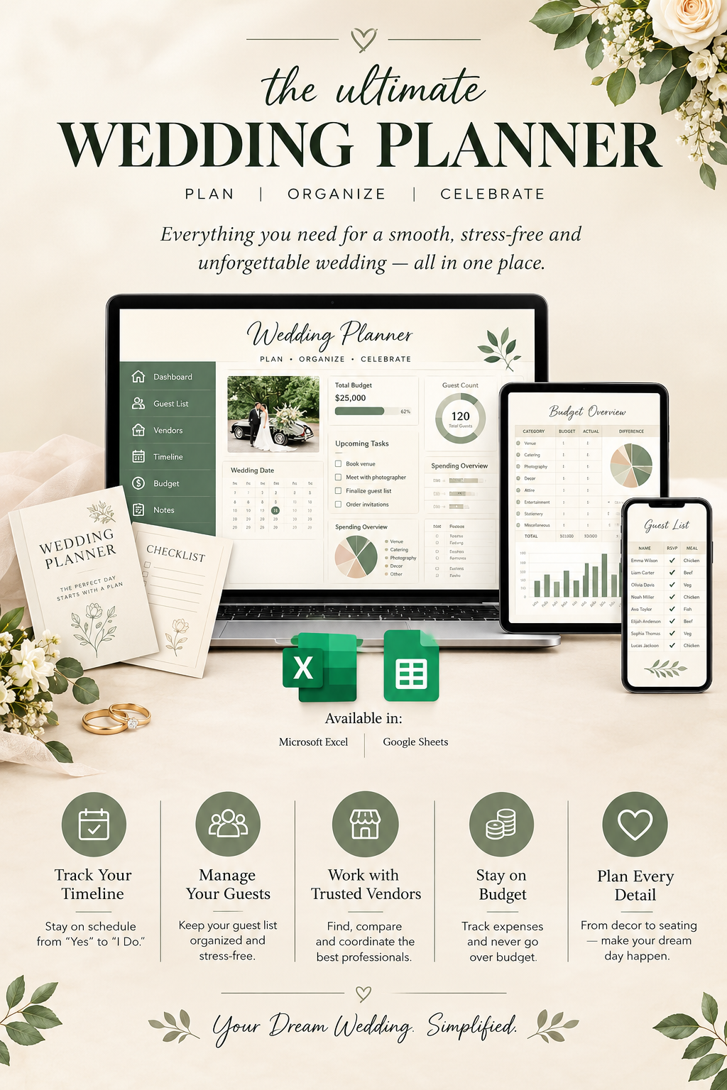 Wedding Planner Spreadsheet | Budget Tracker, Guest List, Seating Chart, Timeline & Checklist Template (Excel & Google Sheets)