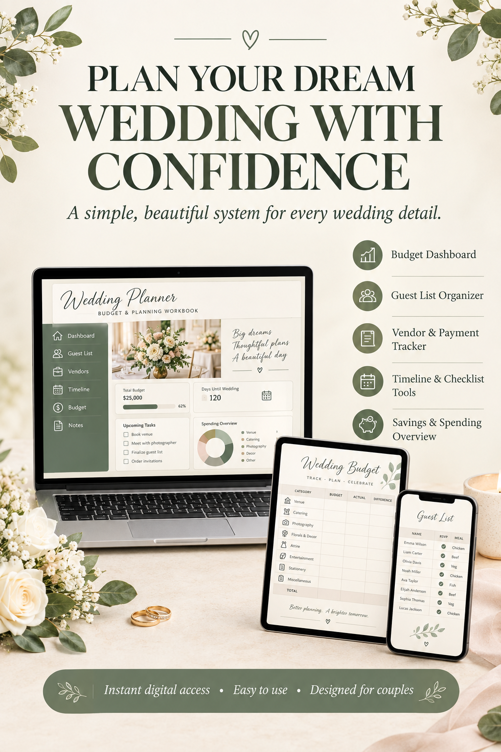 Wedding Planner Spreadsheet | Budget Tracker, Guest List, Seating Chart, Timeline & Checklist Template (Excel & Google Sheets)