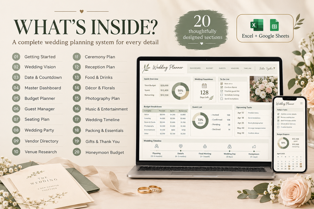Wedding Planner Spreadsheet | Budget Tracker, Guest List, Seating Chart, Timeline & Checklist Template (Excel & Google Sheets)