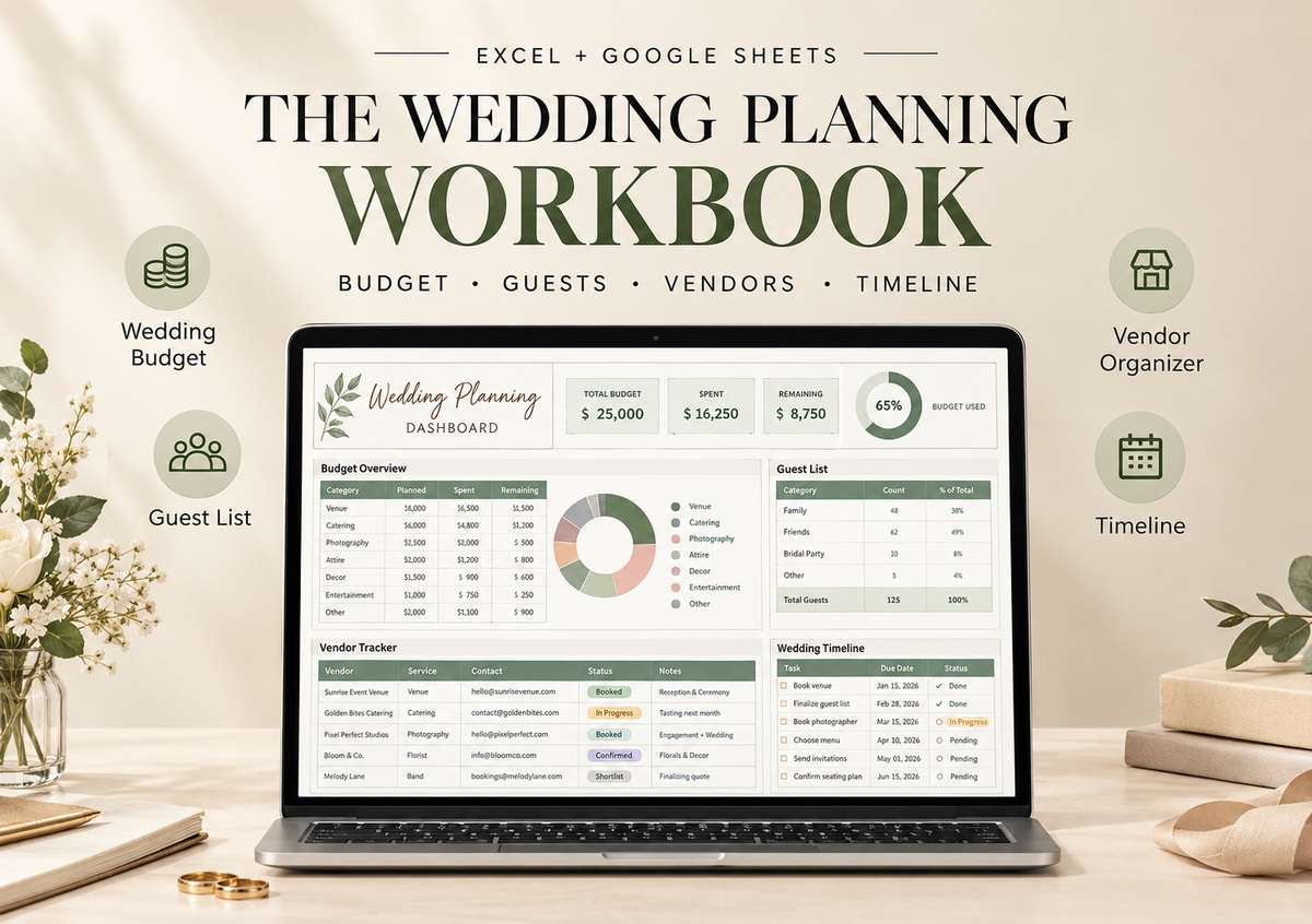 Wedding Planner Spreadsheet | Budget Tracker, Guest List, Seating Chart, Timeline & Checklist Template (Excel & Google Sheets)