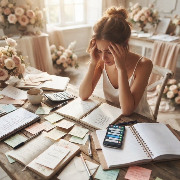 A bride looking overwhelmed at a cluttered table with scattered notes and invitations, representing the stress of wedding pla