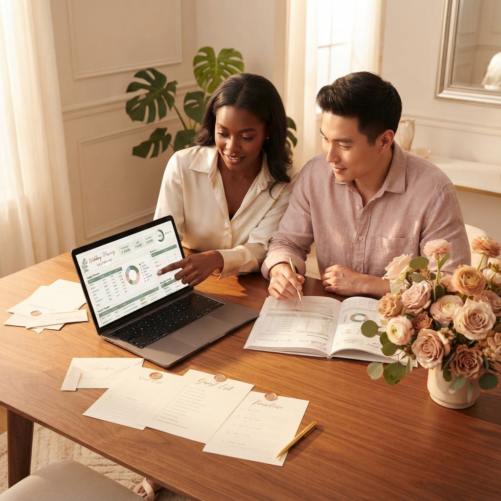 A couple planning their wedding together using a digital spreadsheet on a laptop surrounded by organized planning documents a