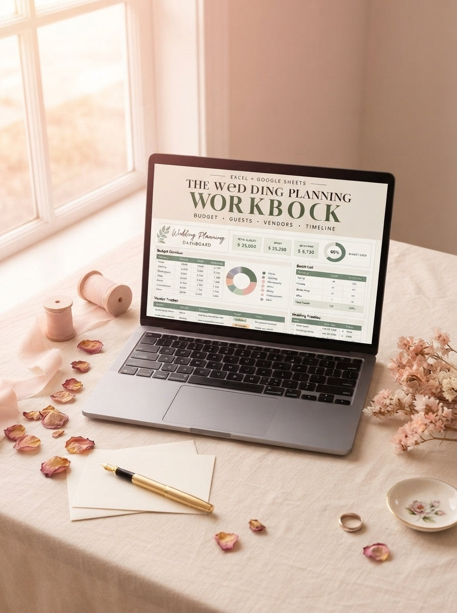 A laptop displaying a wedding planning spreadsheet on a cream surface with blush-pink silk ribbons and rose petals.
