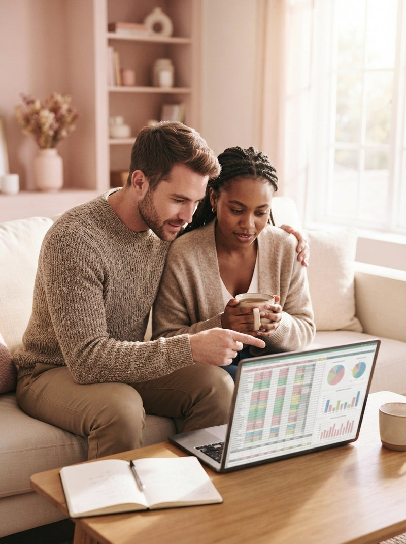 A couple sits together on a sofa looking at a wedding planning spreadsheet on a laptop while drinking tea.